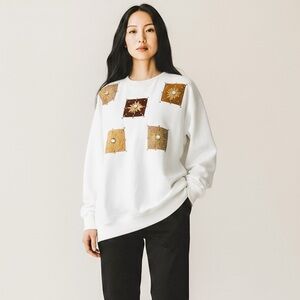 Vintage White Sweater with Sunburst Faux Suede Patch Accents